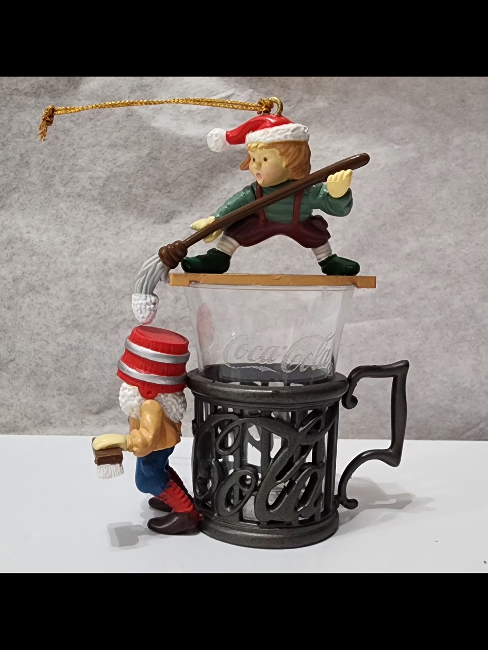 VTG Coca-Cola Glass Ornament Christmas Elves Fountain Cup Holder Rare